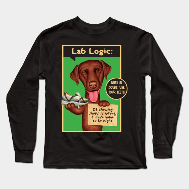 Funny Labrador Retriever Dog with new toy on Chocolate Lab Holding Sneaker Long Sleeve T-Shirt by Danny Gordon Art